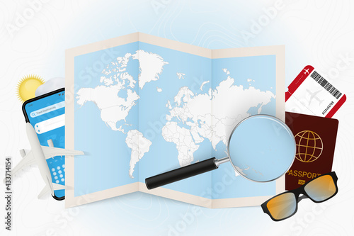 Travel destination Marshall Islands, tourism mockup with travel equipment and world map with magnifying glass on a Marshall Islands.