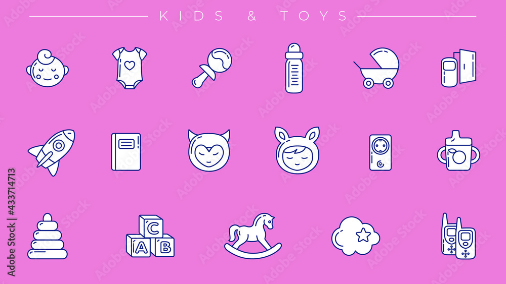 Kids and Toys concept line style vector icons set. Kids and Toys concept line style vector icons set.
