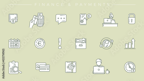 Finance and Payments concept line style vector icons set.