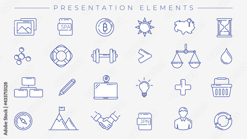 Presentation Elements concept line style vector icons set.