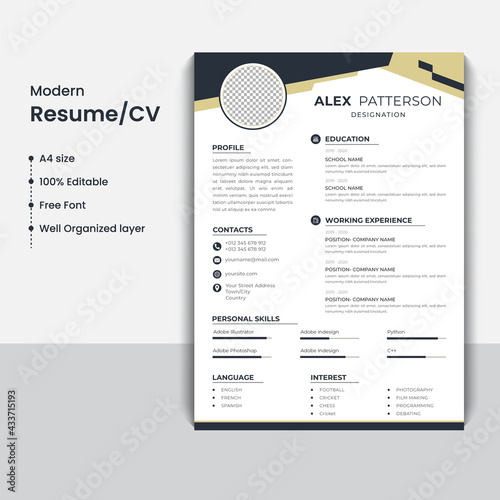 Clean Resume Template; Modern Resume Vector Template; A4 size Resume Template