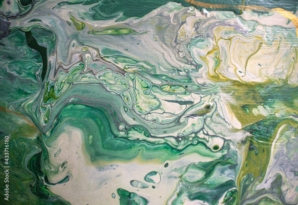 Obraz premium Abstract art. Patterns of streaks of acrylic paint in white, green, turquoise, gold colors. Can be used for background or wallpaper, printing on fabric
