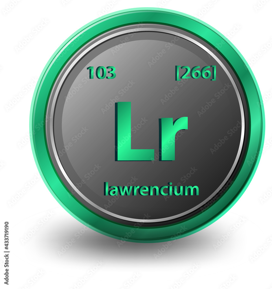 Lawrencium chemical element. Chemical symbol with atomic number and atomic mass. Lawrencium chemical element. Chemical symbol with atomic number and atomic mass.