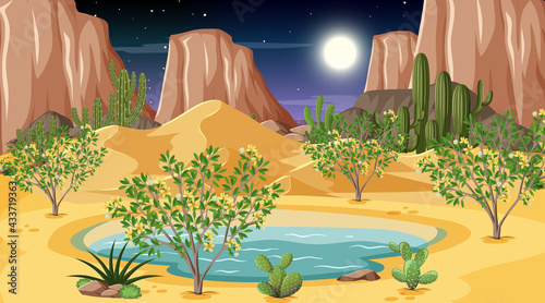 Desert forest landscape at night scene with oasis
