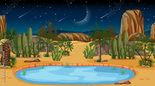 Desert forest landscape at night scene with oasis