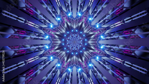Принти на полотні 3D rendering of futuristic kaleidoscopic patterns in neon blue and black vibrant