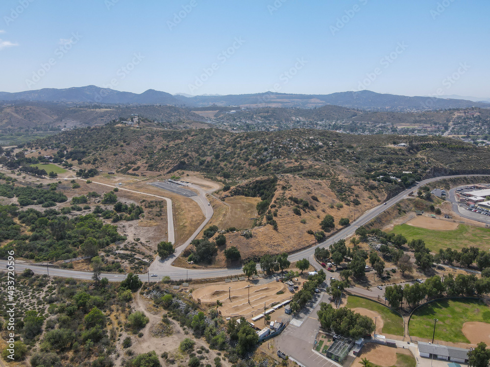 Aerial view of Lakeside suburb town with mountain on the background, San Diego, Southern California, USA 