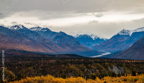 autumn in the snow capped Chugach mountain range in Alaska