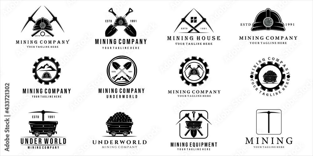 set of mining logo vector vintage illustration template design . mining cart helmet shovel trowel pickax or pickaxe tools logo bundle collection mining concept illustration design