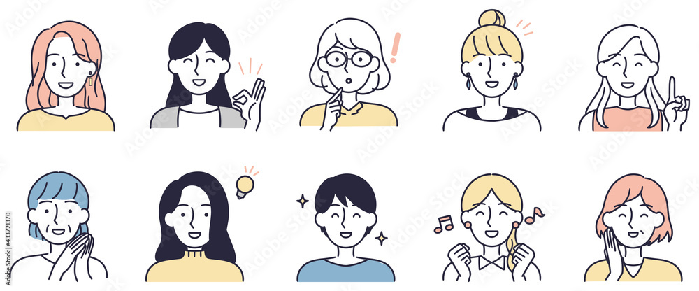 Fototapeta premium 笑顔の女性セット シンプルイラスト