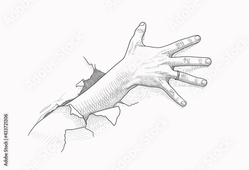A female hand reaching to something. A palm breaks through the obstacle and tries to grab something. Vector illustration, hand drawing style, EPS 10. Black Friday, secret desire, stealing concept.