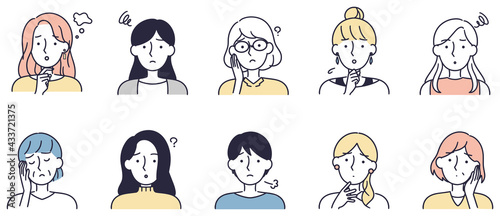 困り顔　女性セット　シンプルイラスト