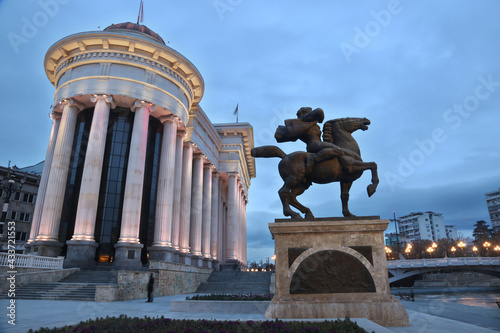 Skopje Archaeological Museum and Monument of Karposh at Macedonia Square in Skopje, Macedonia. Stone Bridge is considered a symbol of Skopje. photo