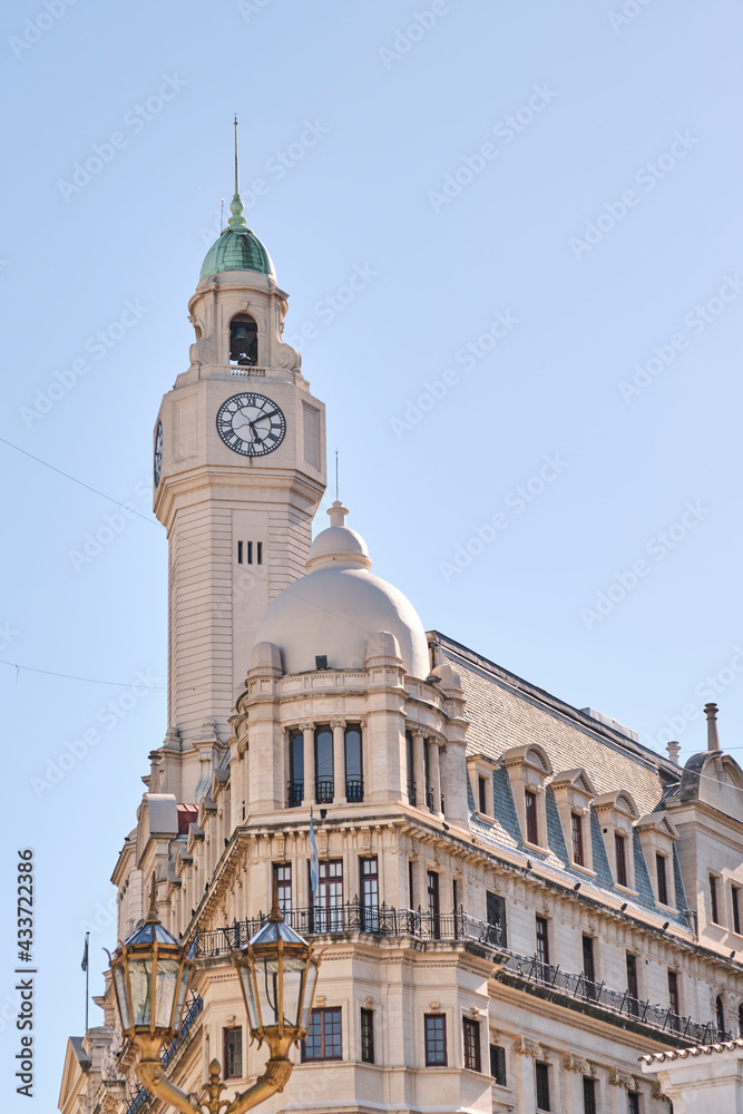 Clock tower of the Palacio de la legislatura seen from Plaza de Mayo.