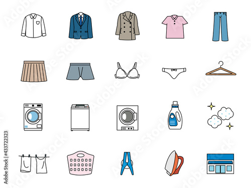 洗濯　クリーニング　洋服　線画　アイコンセット