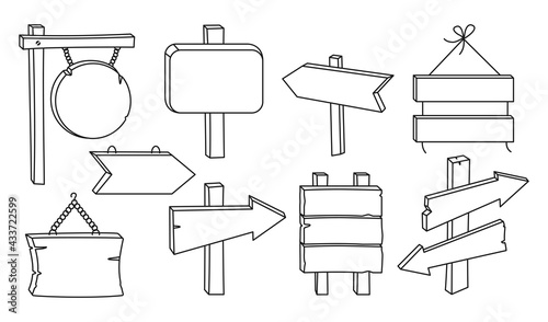 Wooden signs empty billboard black line set. Rural arrow pointer collection. Blank various forms planks tablet vintage or old retro banners. Hand drawn signpost, rustic signboard vector illustration