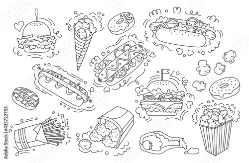 Fast food doodle set. Donut hot dog, hamburger, potato, nuggets ketchup and popcorn collection. Menu card delicious fast food icons. Cheeseburger, beverage tasty unhealthy lunch. Hand drawn vector