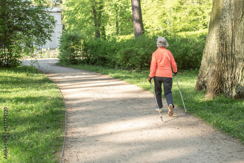 Nordic walking for the elderly. Grandma is walking in the park. Active rest for grandparents.