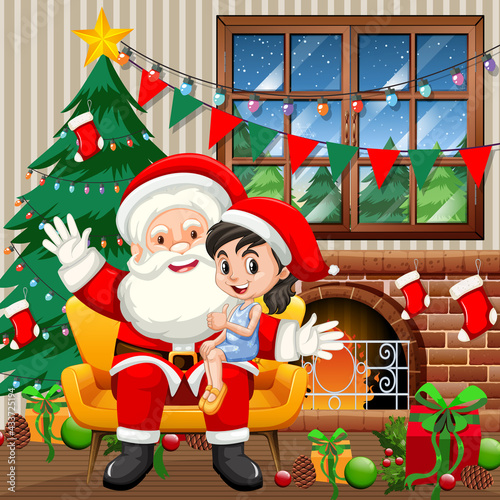 Santa Claus sitting on his lap with cute girl at home scene