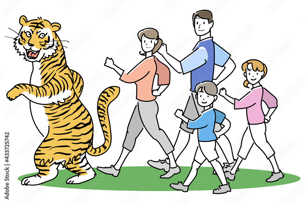 Naklejka premium 虎の後ろからウォーキングする家族-振り向く