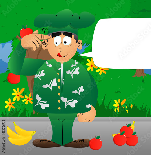 Fat male cartoon chef in uniform shows a you're nuts gesture by twisting his finger around his temple. Vector illustration.