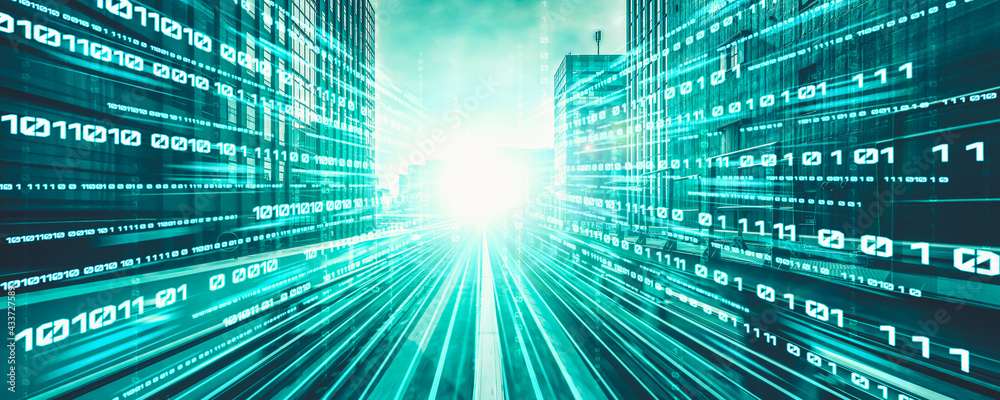 Digital data flow on road with motion blur to create vision of fast ...