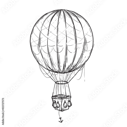 Hand drawn sketch black and white vintage air balloon. Vector illustration. Elements in graphic style label, card, sticker, menu, package. Engraved style.