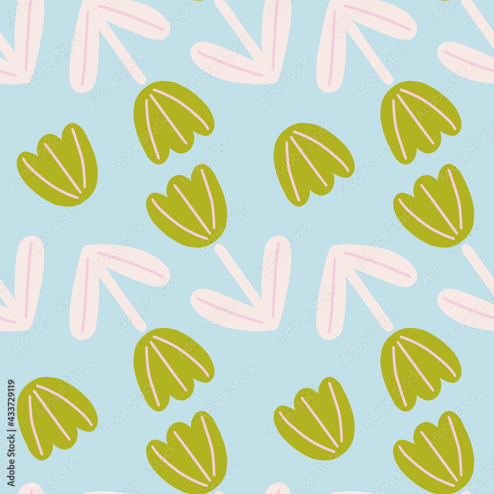 Doodle seamless pattern with green abstract tulip flower shapes. Blue background. Hand drawn style.