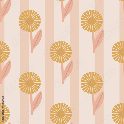 Beige geometric flowers silhouettes seamless pattern. Doodle elements on pink pastel striped background.