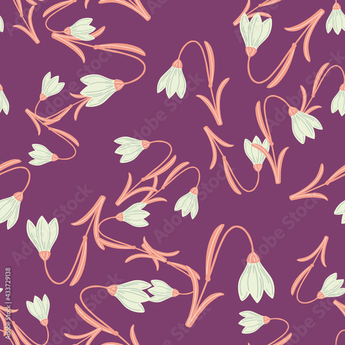 Abstract botanic seamless pattern with doodle harebell elements. Purple background. Random flowers backdrop.
