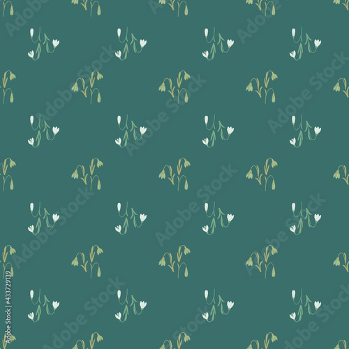 Nature seamless pattern with doodle bluebell elements print. Turquoise background. Little elements backdrop.