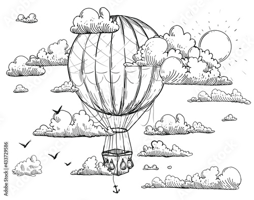 Hand drawn sketch black and white coloring page of vintage air balloon, clouds, sky. Vector illustration. Engraved style.