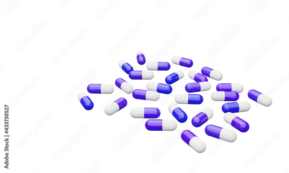 3d illustration pill capsule, blue white, on white background, 3d rendering, pills, vitamins, in the body, healthy