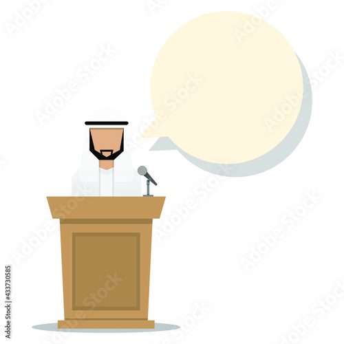 Arabian announcer on the podium with blank bubble speech for yours text