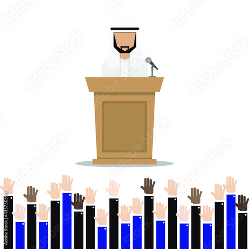 Arabian announcer on the podium with businessman uplift hand 