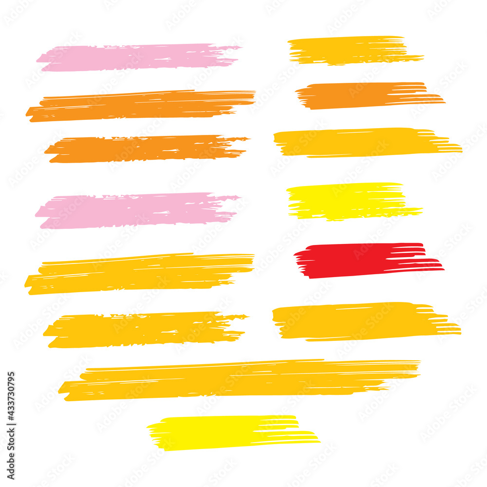 Obraz premium Yellow Watercolor Freehand. Red Brushstroke Handwritten. Brushes Isolated. Ink Splatter. Paintbrush Graffiti. Paint Square. Grungy Splatter. Art Chinese. Set Distress.