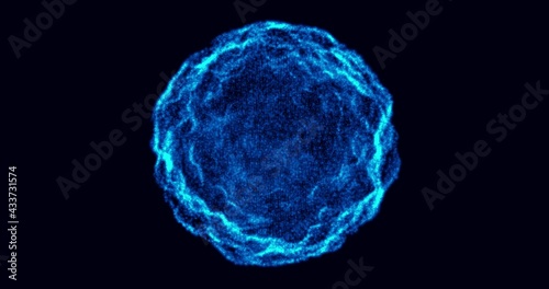 An abstract blue shining sphere with the image of a virus or celestial body. Repeatable footage. photo