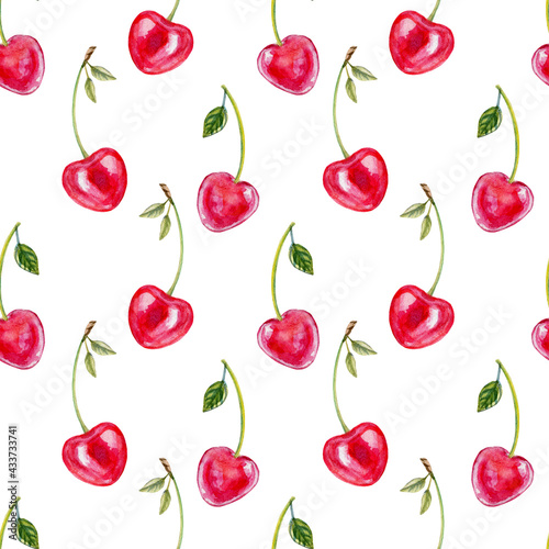 Seamless pattern Watercolor red cherry twig and leaf isolated on white background, Hand drawn sketch berry branch, vegan raw food ingredient, for design greeting cards, cosmetic, organic market