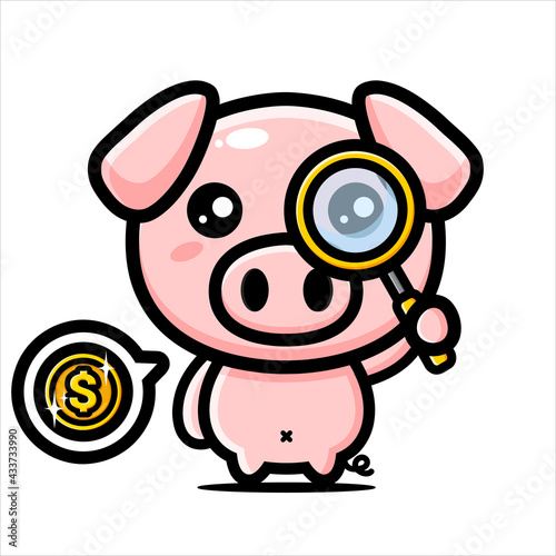 Vector design of cute half animal pig character looking at it with a magnifying glass