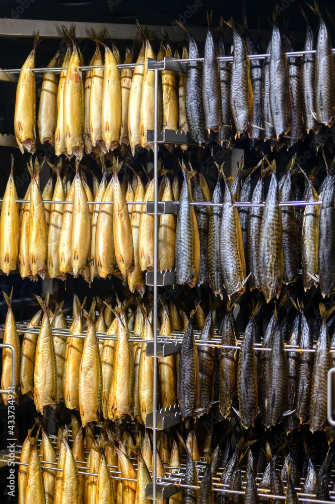Hot smoked mackerel. Delicacy fish is hung in a special metal container
