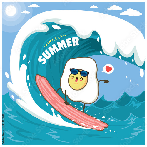 Vintage summer poster design with vector egg, ham,surfboard characters.