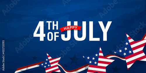Happy 4th of July sale, discount, offer lettering colorful design on blue watercolor grunge background with star shape American flag group 

