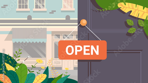 open advertising sign hanging on door store opening concept urban building house exterior