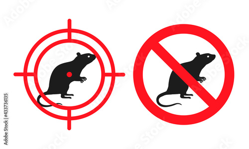 No rats sign. Vector sticker of deratization - the destruction of rodents, mice, voles and others. Sign for poisonous chemicals, rat and mouse traps. Crossed out rodent and crosshair mark.