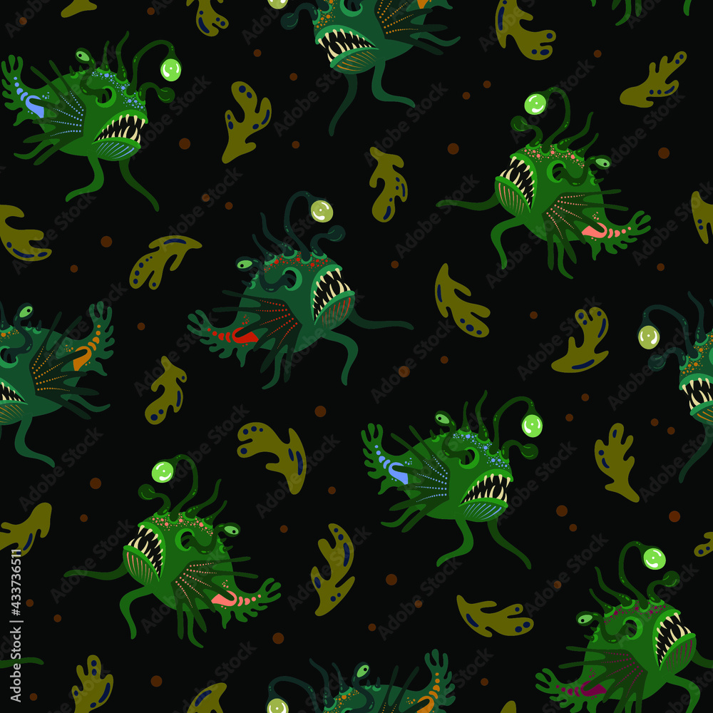green monster fish with on black background seamless pattern green monster fish with on black background seamless pattern