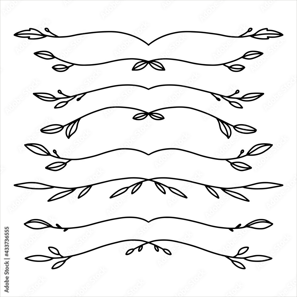Set of hand drawn floral elements isolated on white background. Outline branches for books, greeting cards, invitations, web. Doodle style.