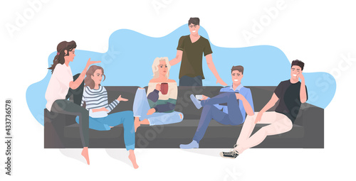 group of happy friends spending time together men women sitting on sofa having fun
