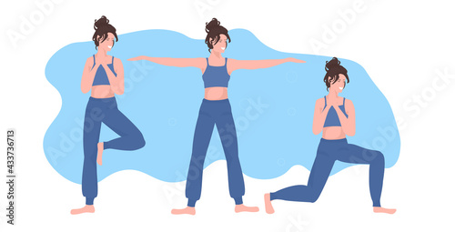 set woman doing different fitness exercises healthy lifestyle concept flat full length