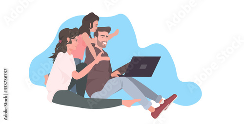 family using laptop parents spending time with daugter during coronavirus pandemic quarantine