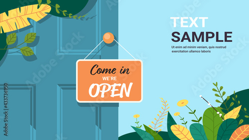 come in we are open advertising sign hanging door store opening concept label with text flat horizontal copy space vector illustration